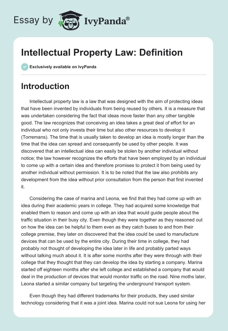 Intellectual Property Law Definition 3865 Words Essay Example