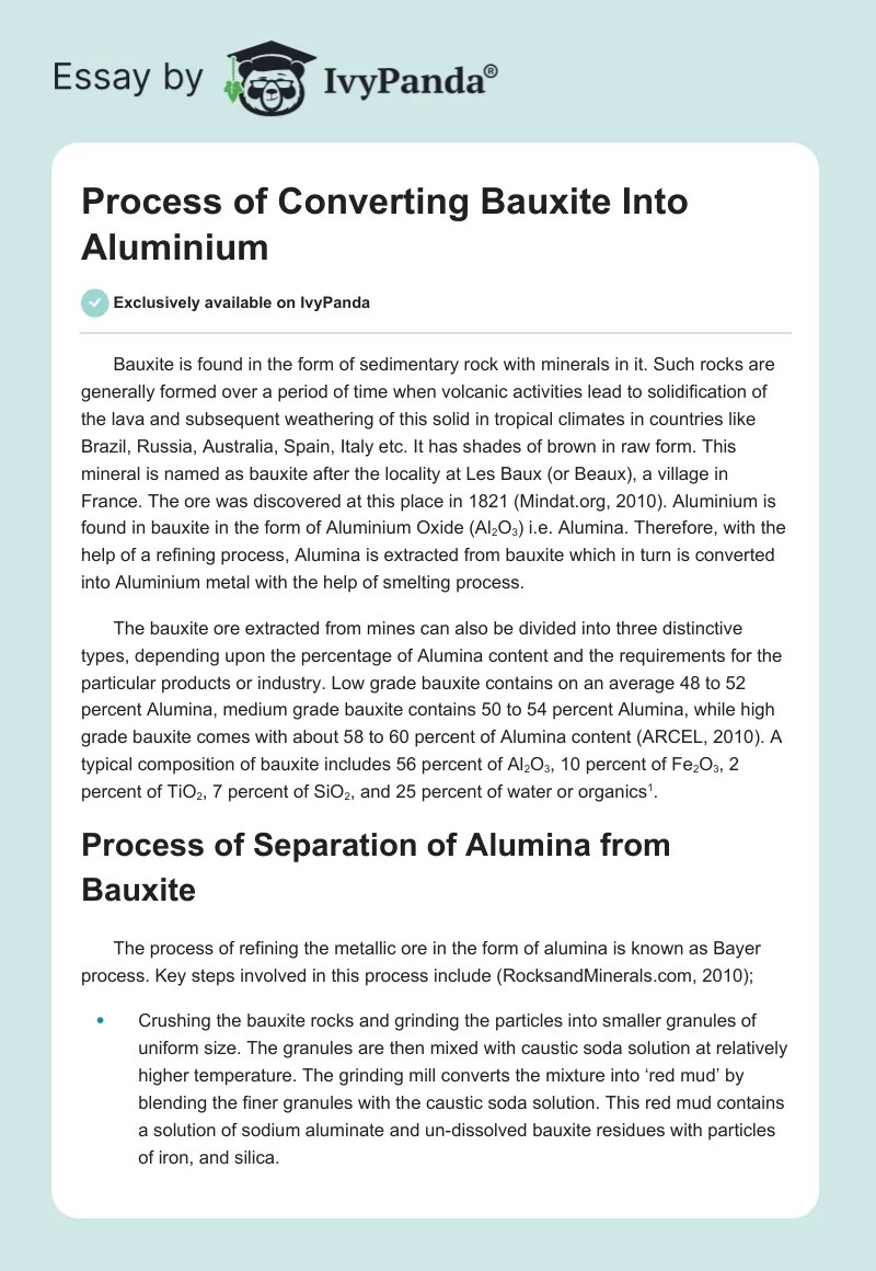 Process of Converting Bauxite Into Aluminium 965 Words Report Example