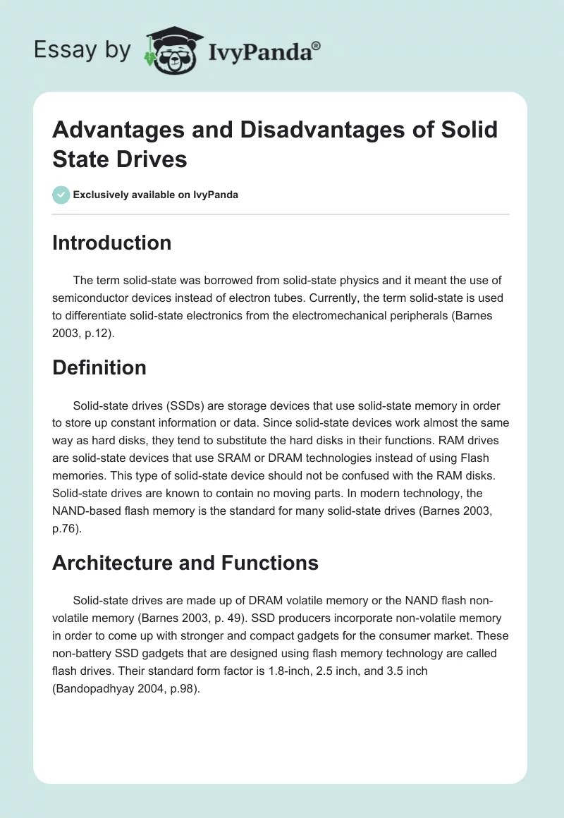 Advantages and Disadvantages of Solid State Drives 715 Words Research Paper Example