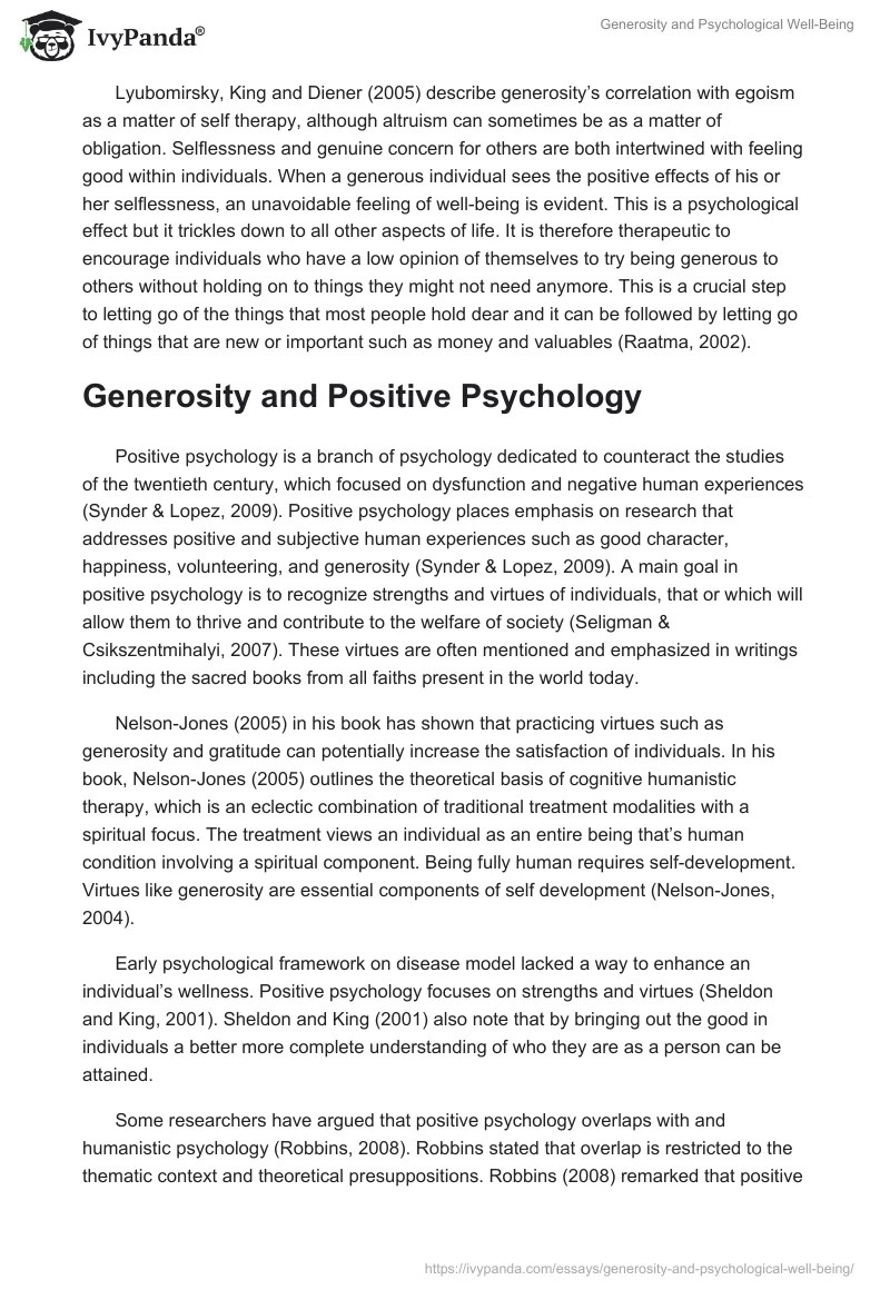 Generosity and Psychological WellBeing 3559 Words Essay Example