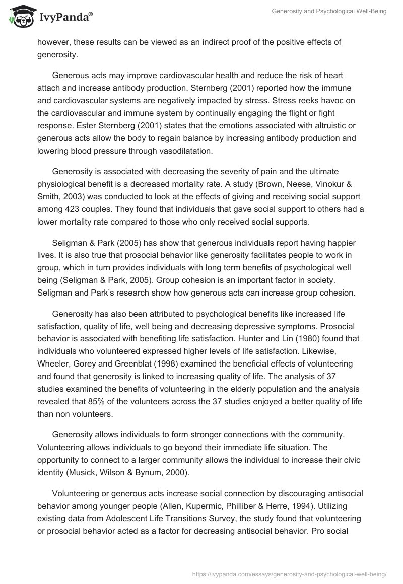 Generosity and Psychological WellBeing 3559 Words Essay Example