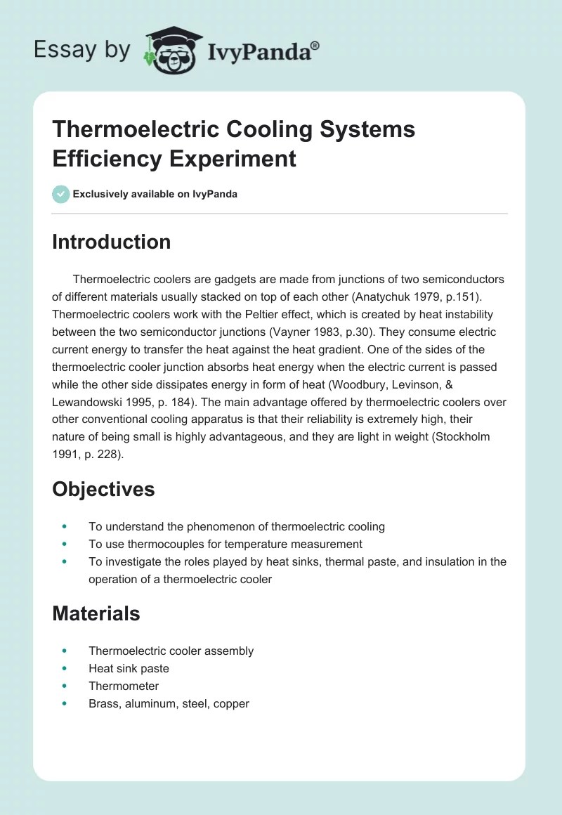 Thermoelectric Cooling Systems Efficiency Experiment 1365 Words