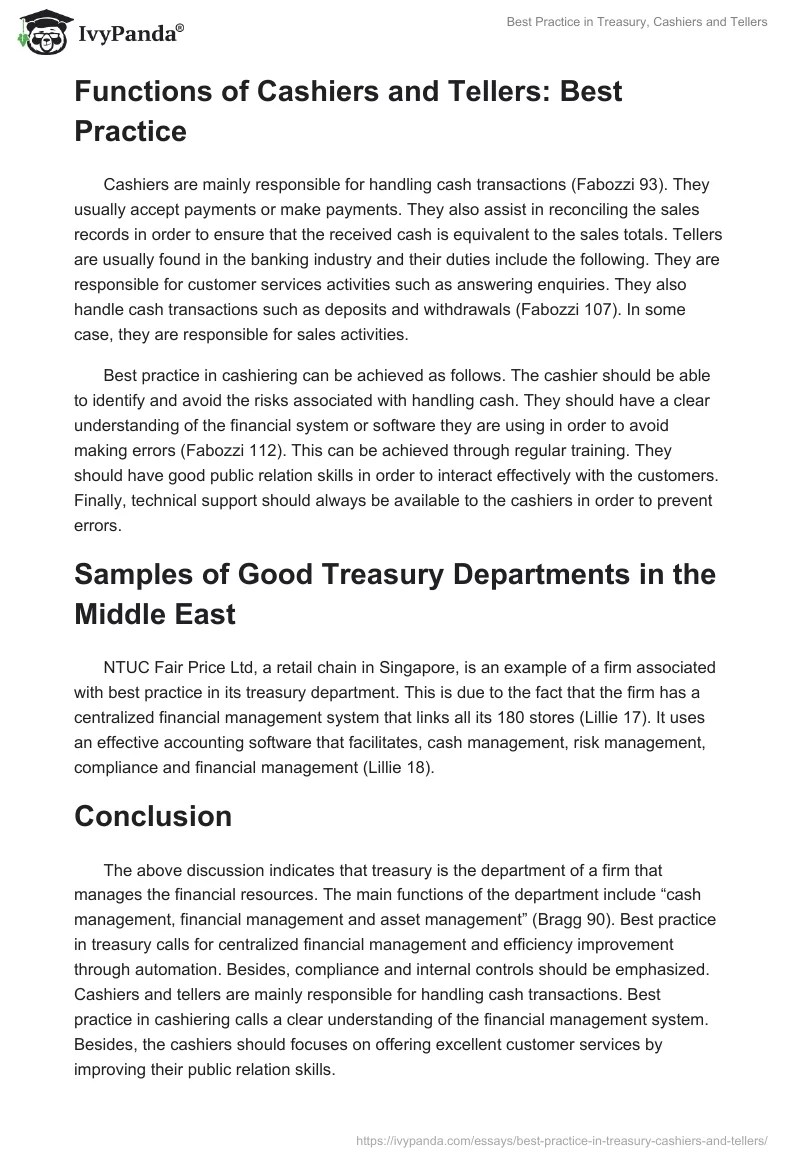 Best Practice in Treasury, Cashiers and Tellers 853 Words Research