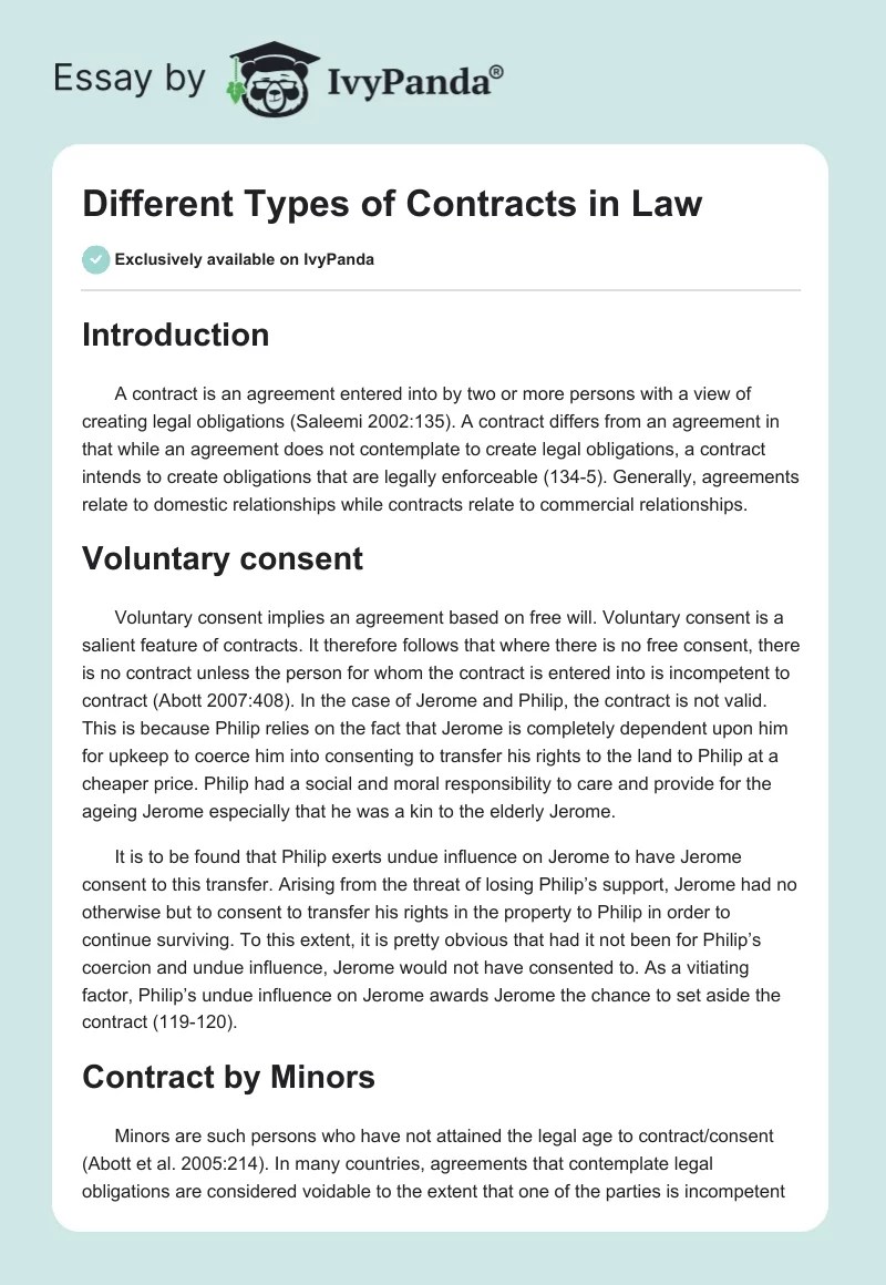 Defferent Types of Contracts in Law 1247 Words Critical Writing Example