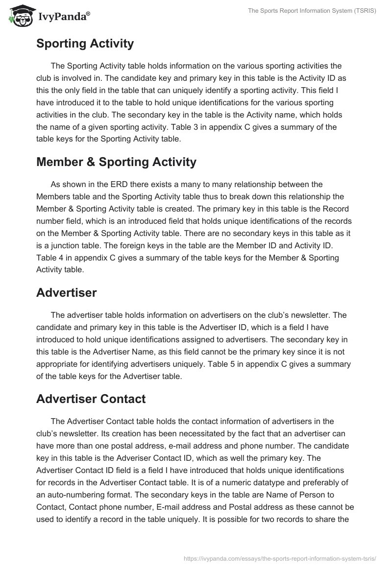 The Sports Report Information System (TSRIS) 2141 Words Essay Example