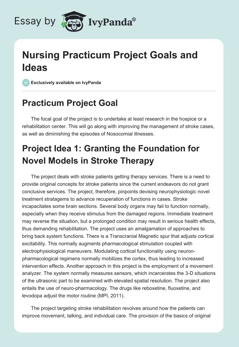 Nursing Practicum Project Goals and Ideas 591 Words Essay Example