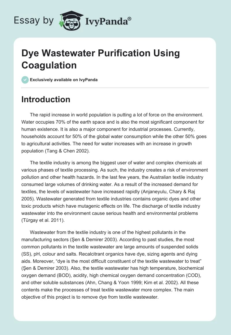 Dye Wastewater Purification Using Coagulation 2709 Words Essay Example