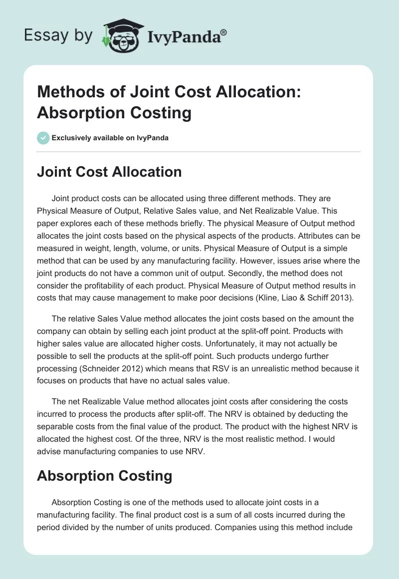 Methods of Joint Cost Allocation Absorption Costing 597 Words Essay Example
