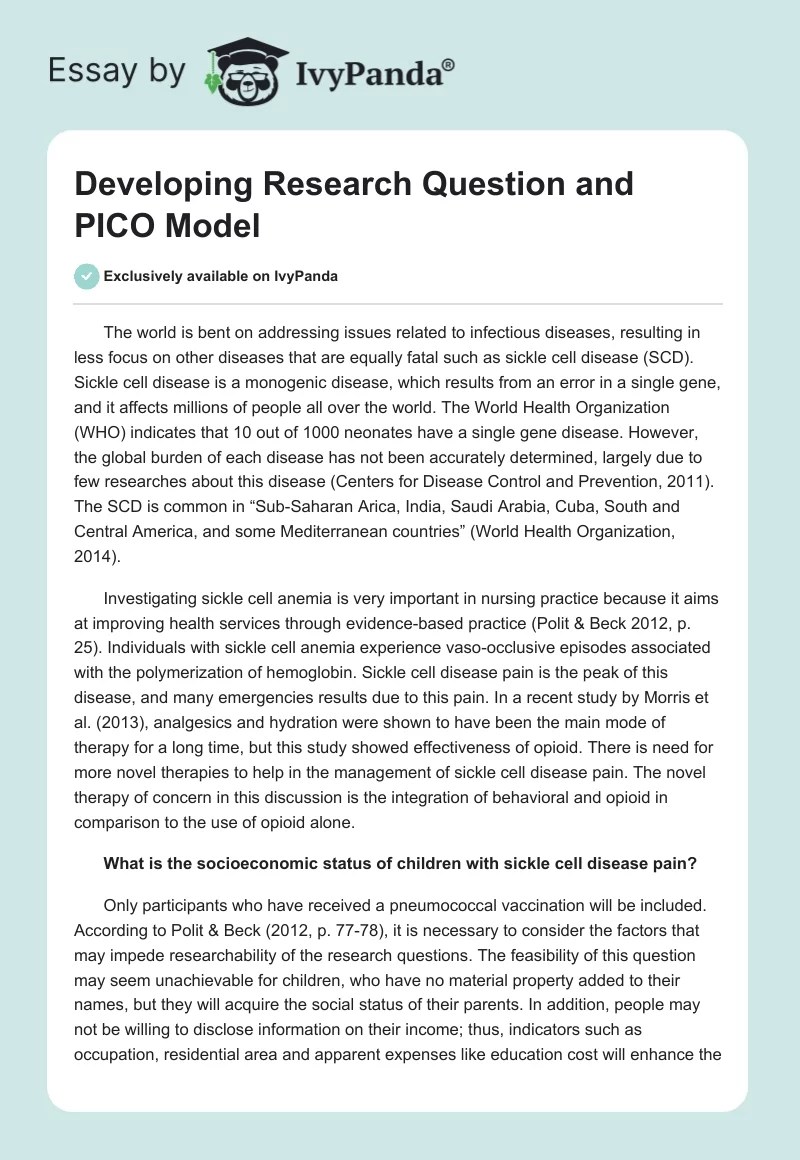 Developing Research Question and PICO Model 923 Words Article Example