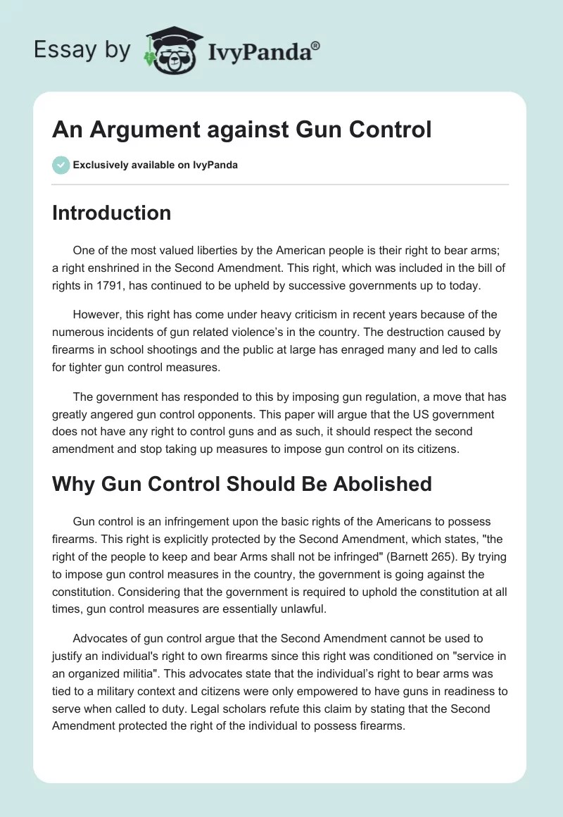 An Argument against Gun Control 1090 Words Essay Example