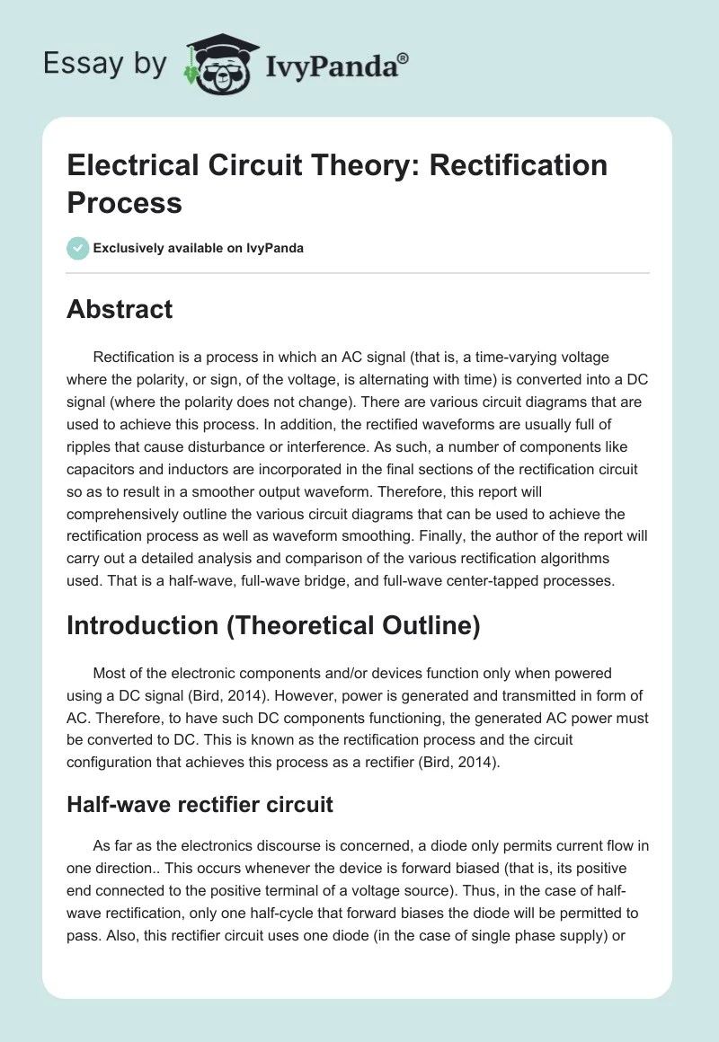 Electrical Circuit Theory Rectification Process 1729 Words Report