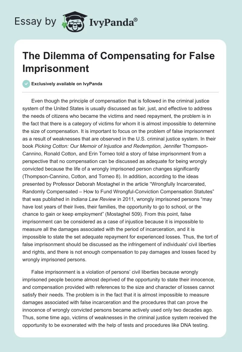 The Dilemma of Compensating for False Imprisonment 1646 Words Essay