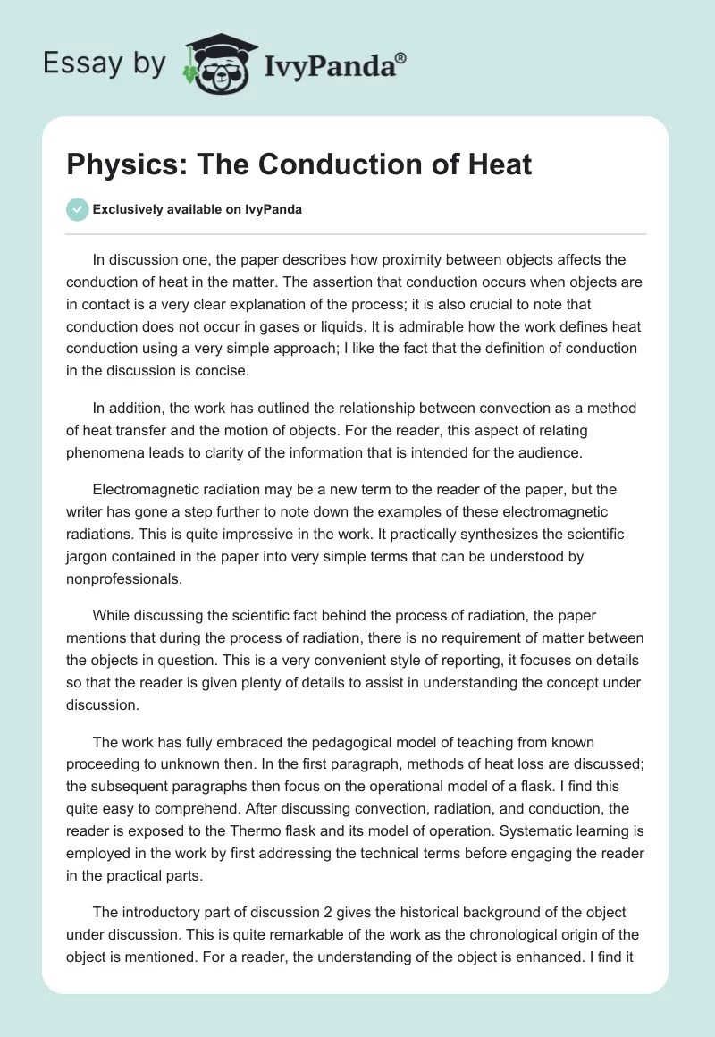 Physics The Conduction of Heat 546 Words Essay Example