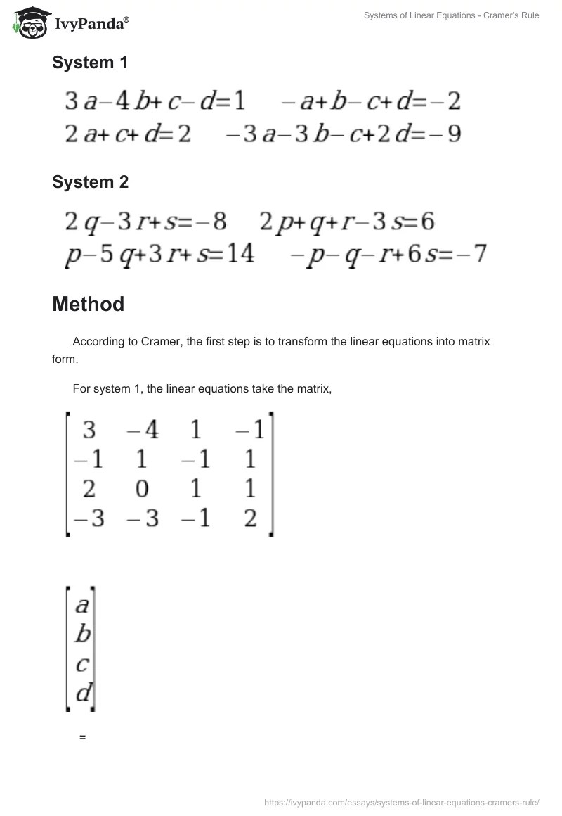 Systems of Linear Equations Cramer's Rule 623 Words Essay Example
