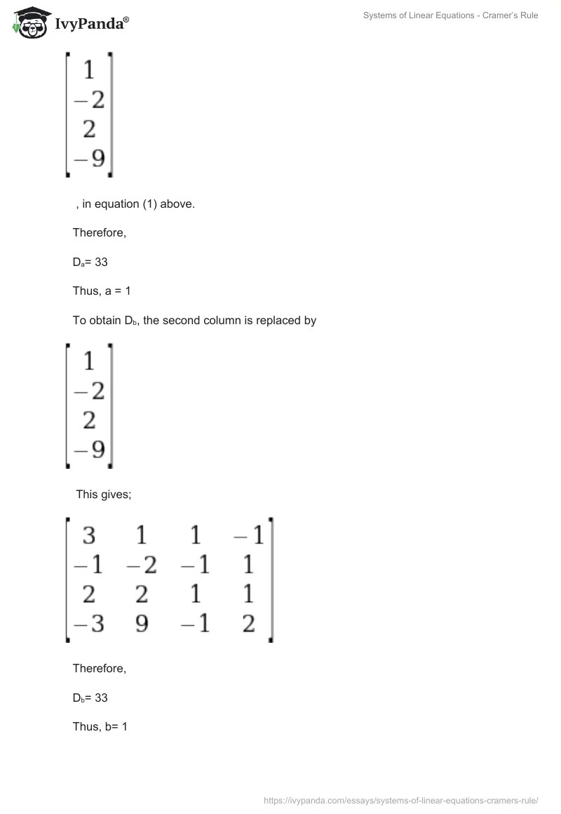 Systems of Linear Equations Cramer's Rule 623 Words Essay Example