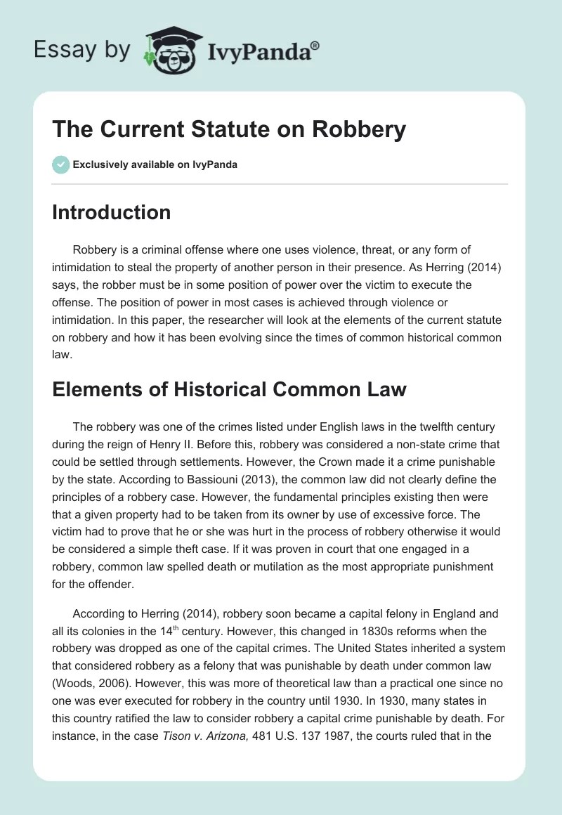The Current Statute on Robbery 1041 Words Essay Example