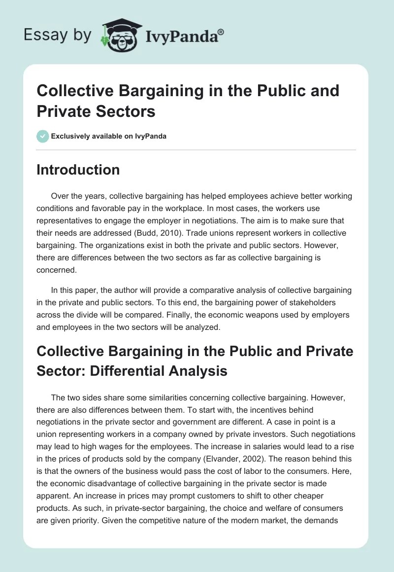 Collective Bargaining in the Public and Private Sectors 844 Words Research Paper Example