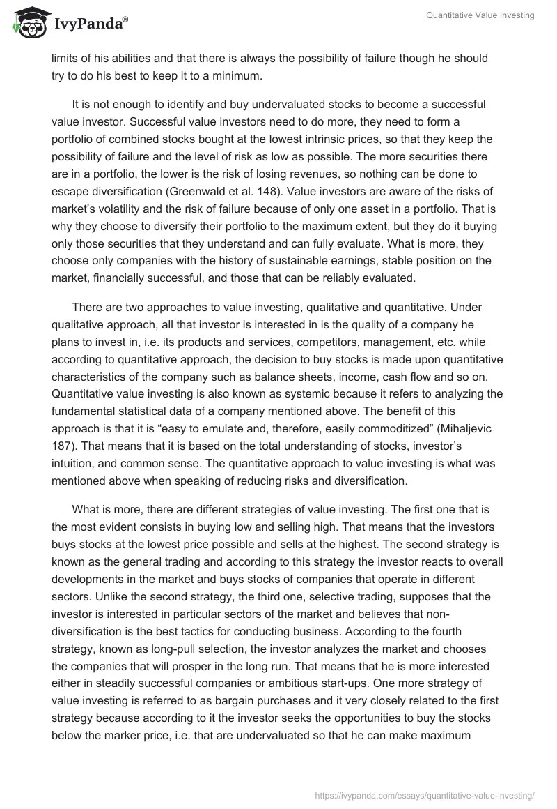 Quantitative Value Investing 2750 Words Essay Example