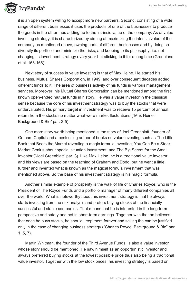 Quantitative Value Investing 2750 Words Essay Example
