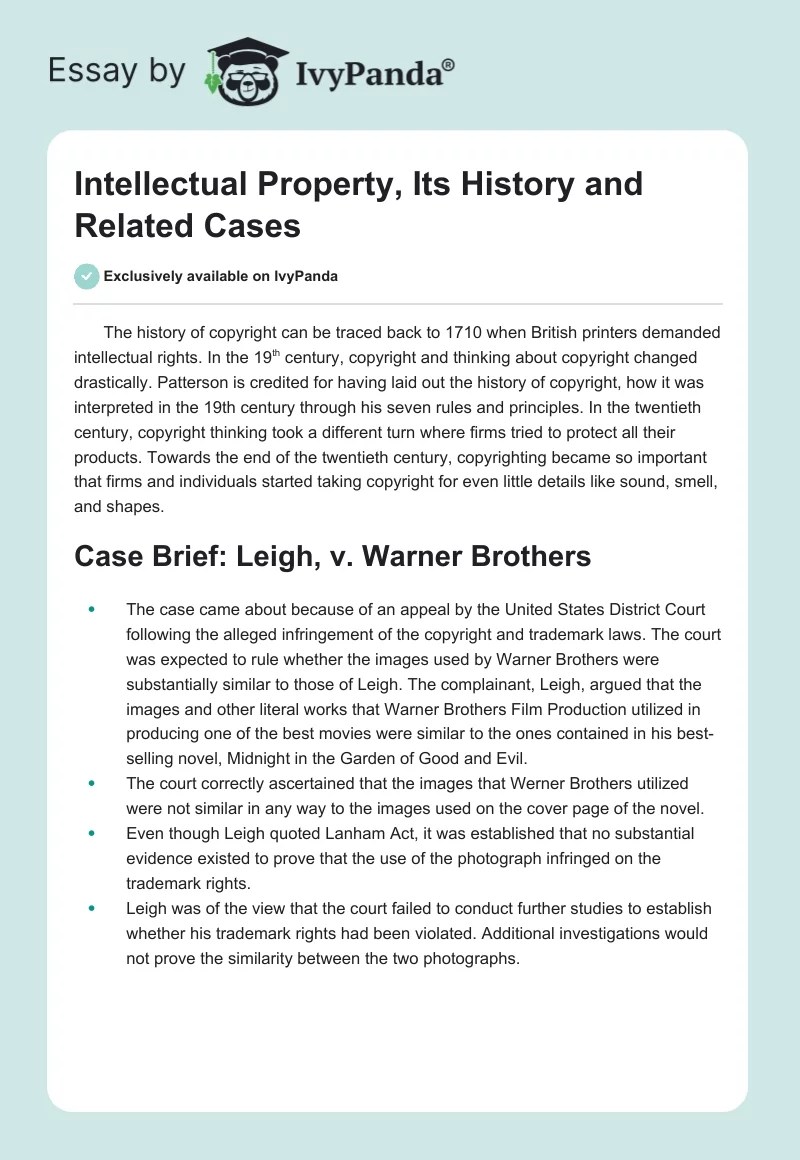 Intellectual Property, Its History & Related Cases 1193 Words Essay