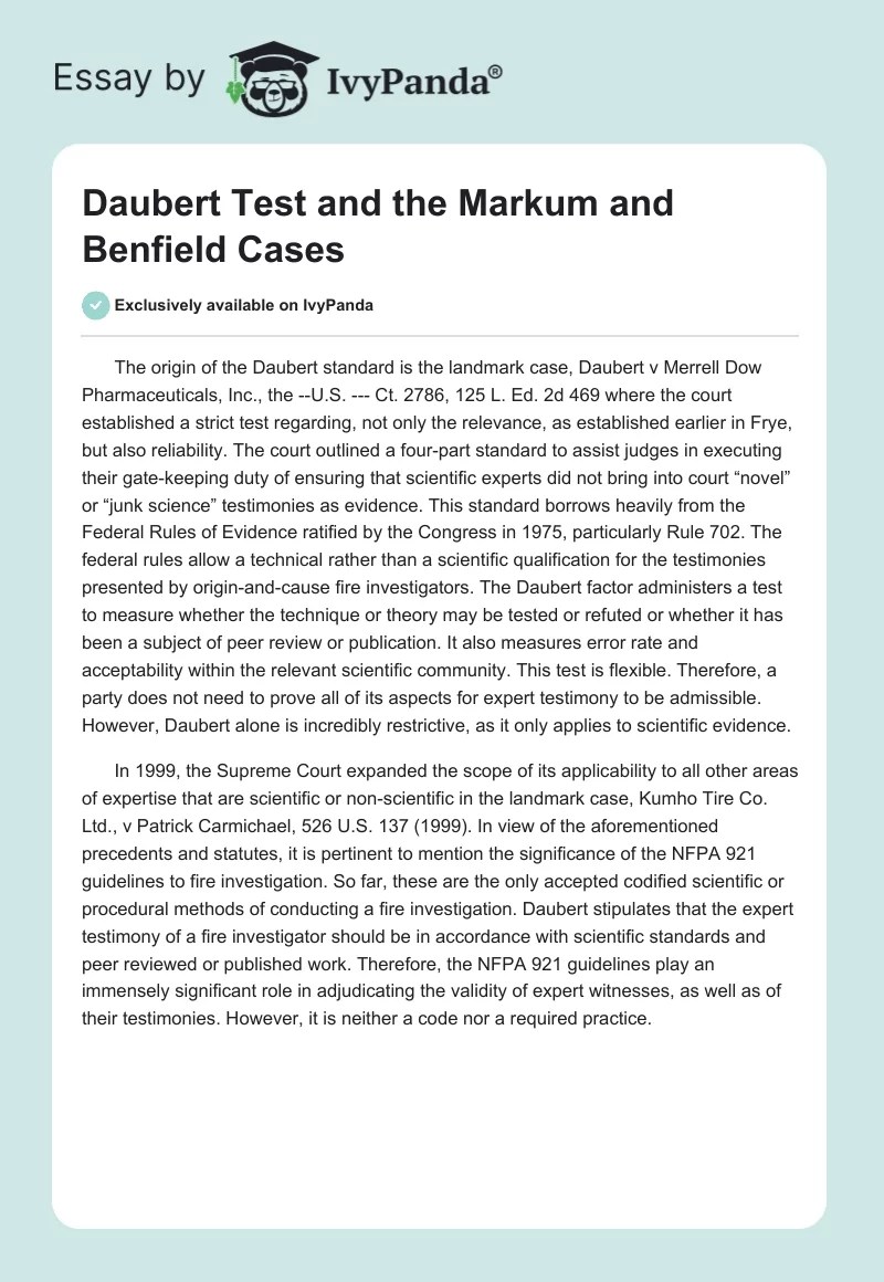 Daubert Test and the Markum and Benfield Cases 1189 Words Essay Example