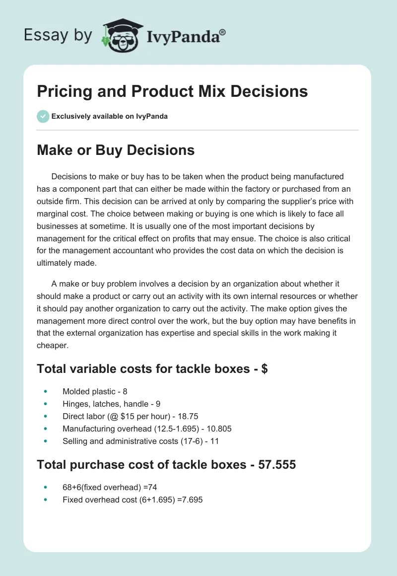 Pricing and Product Mix Decisions 635 Words Assessment Example