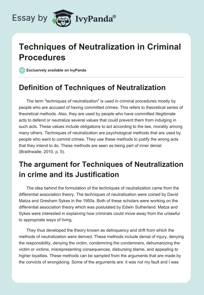 Techniques of Neutralization in Criminal Procedures 1111 Words