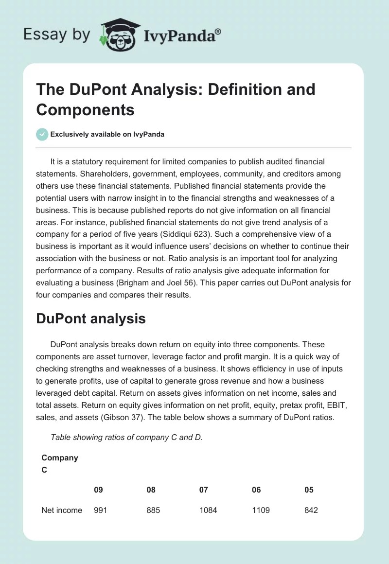 The DuPont Analysis Definition and Components 560 Words Assessment