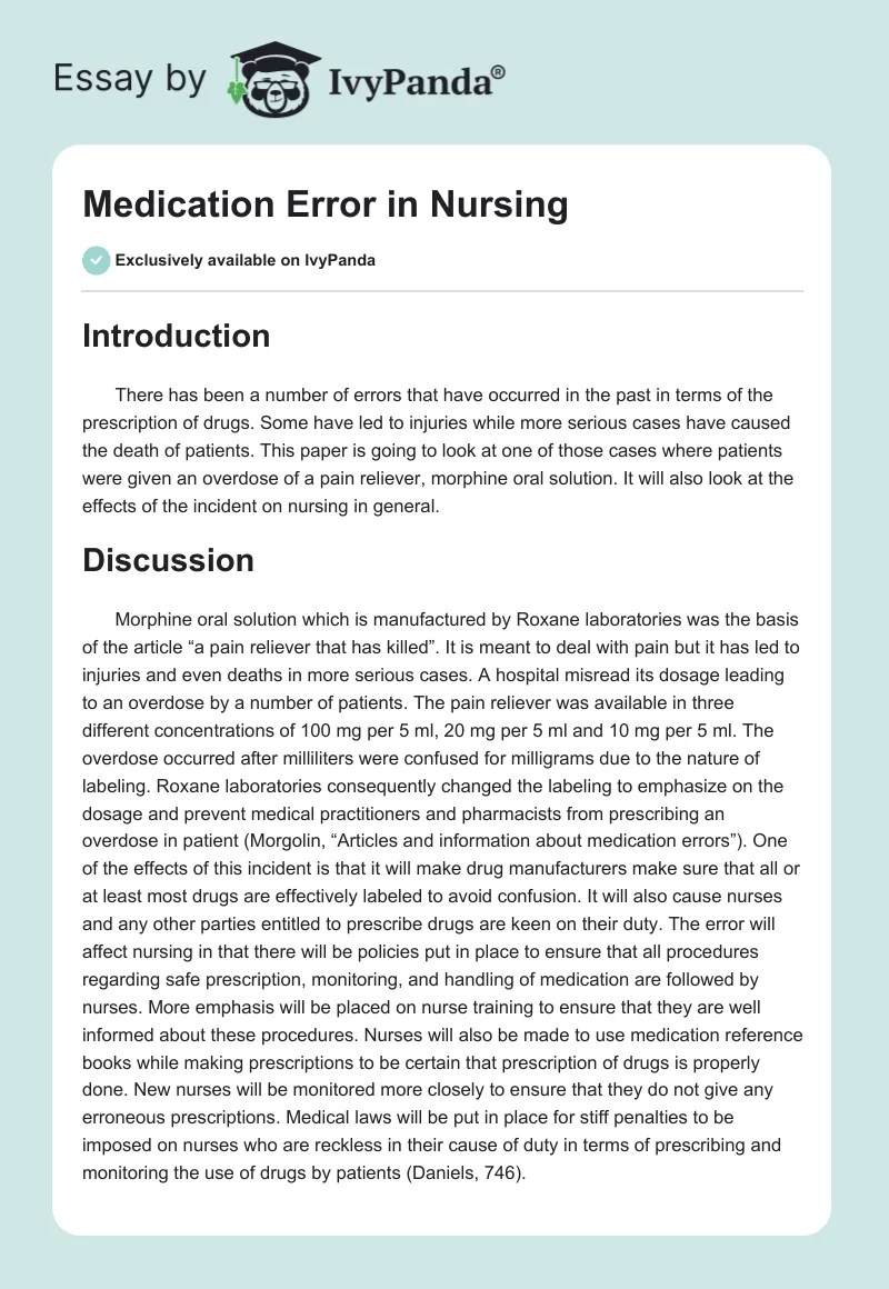 Medication Error in Nursing 598 Words Article Example