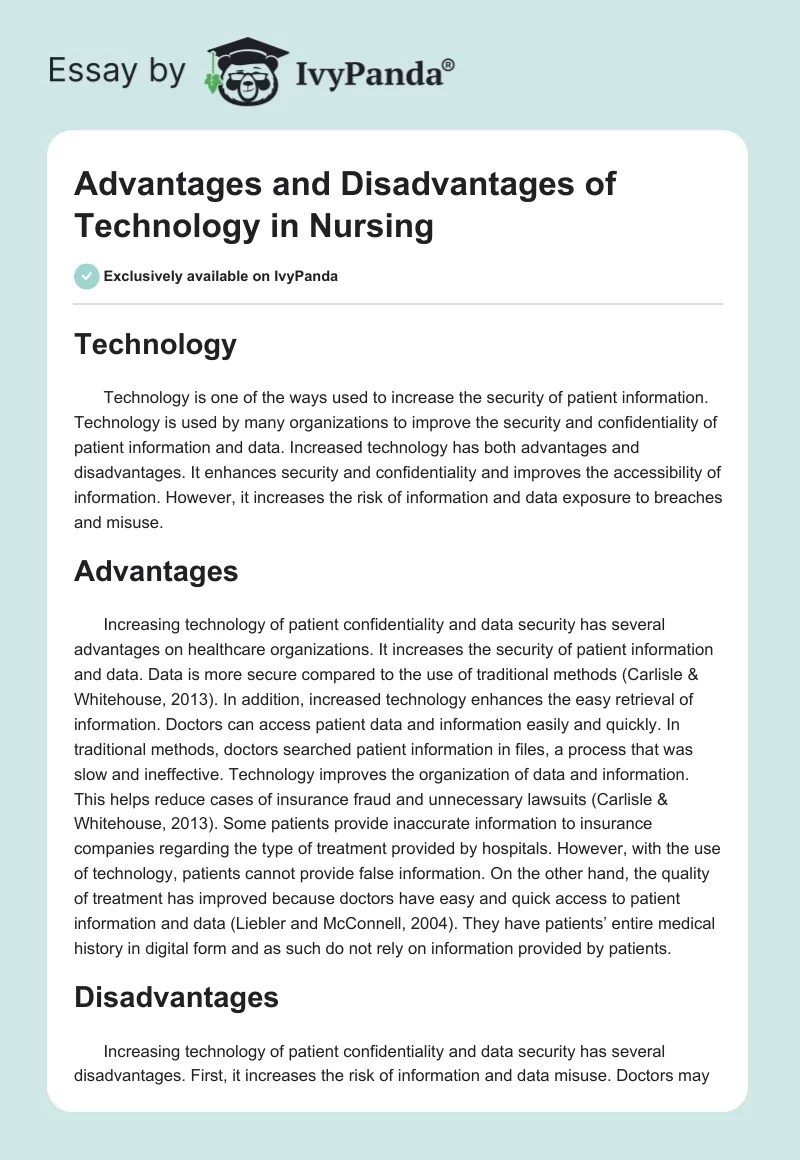 Advantages and Disadvantages of Technology in Nursing 447 Words