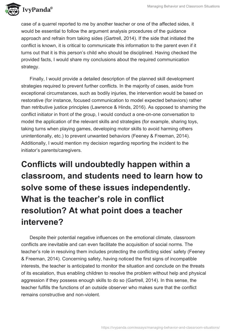 Managing Behavior and Classroom Situations 964 Words Essay Example