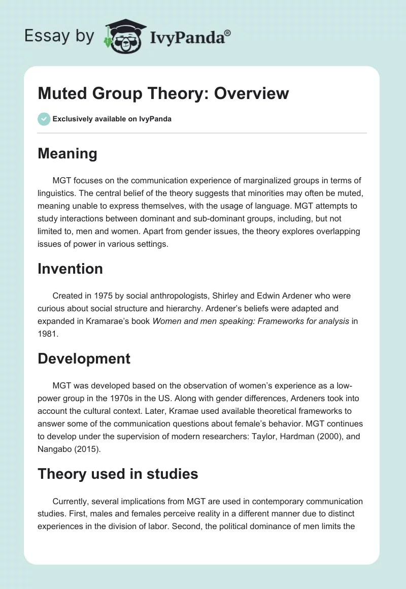 Muted Group Theory Overview 289 Words Coursework Example
