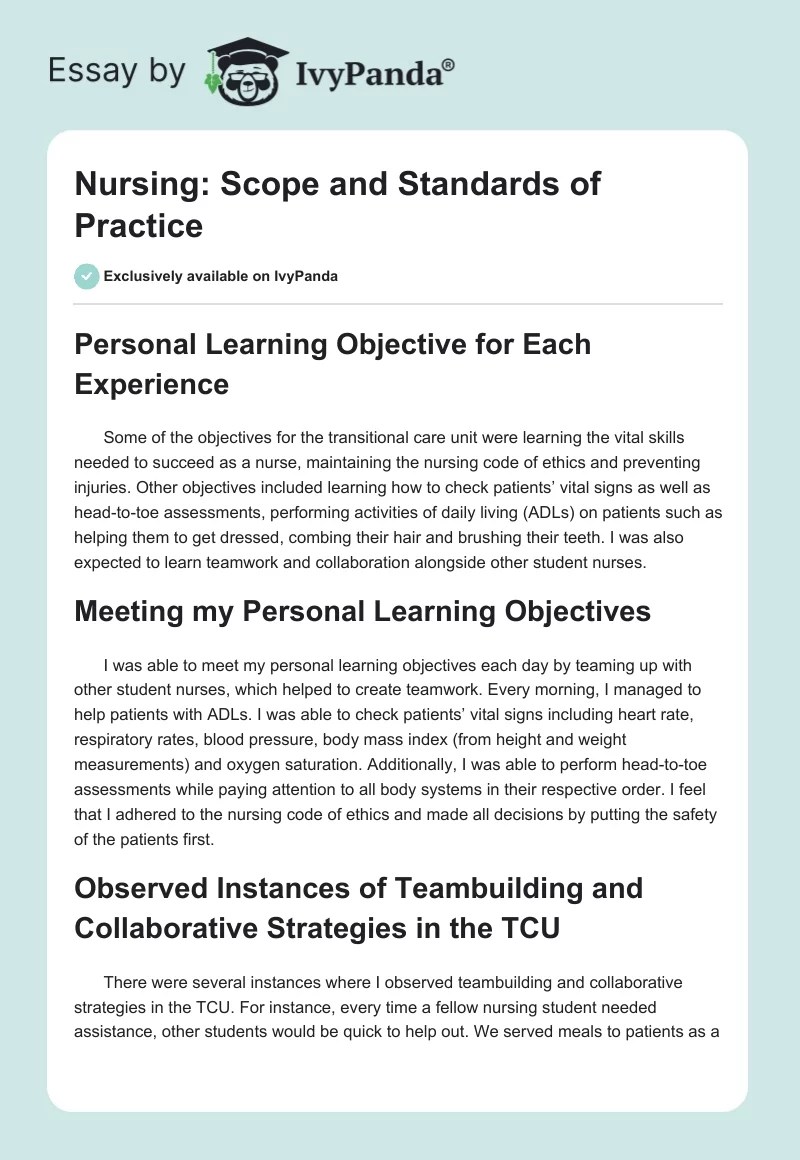 Nursing Scope and Standards of Practice 853 Words Essay Example