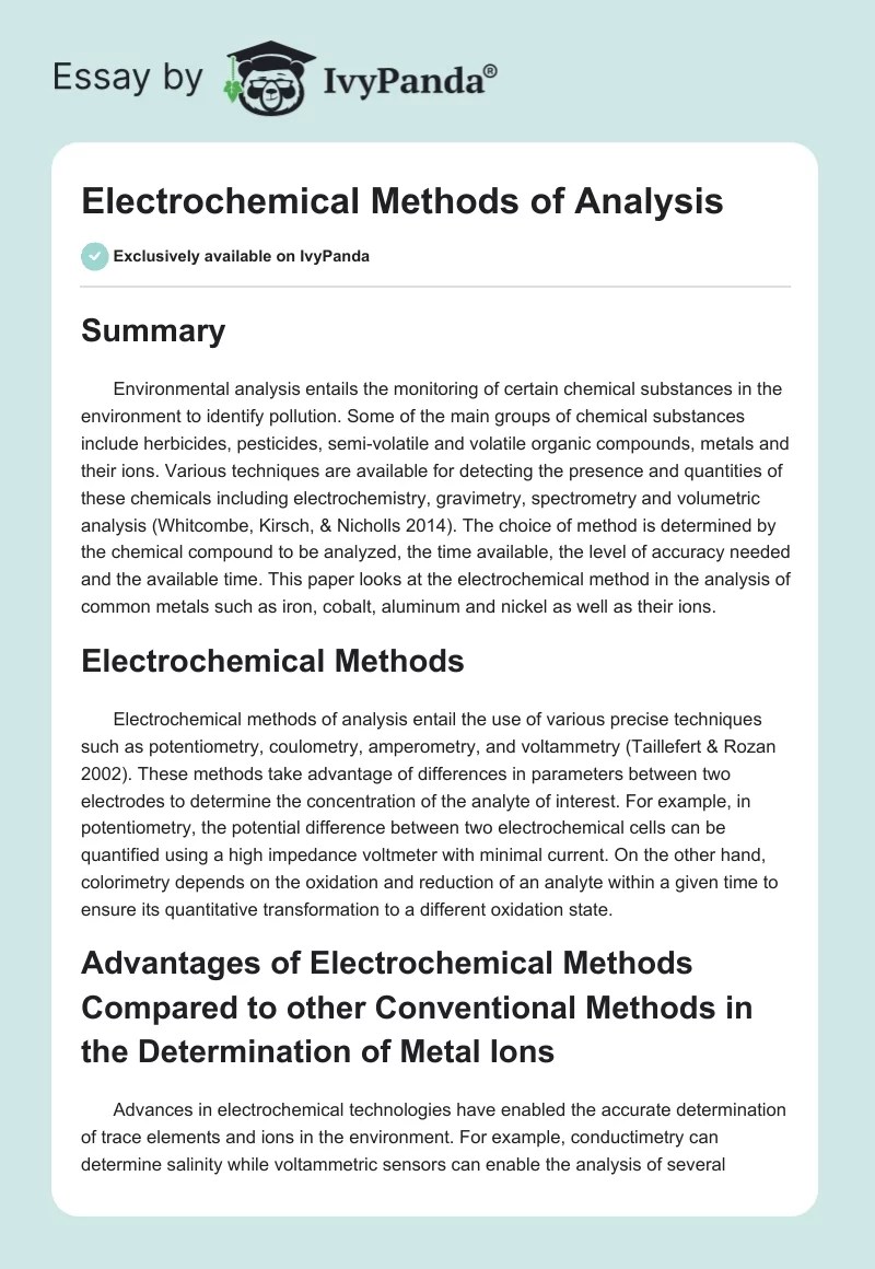 Electrochemical Methods of Analysis 632 Words Case Study Example
