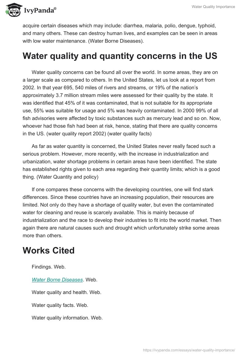 Water Quality Importance 673 Words Essay Example