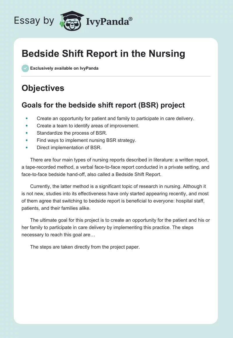 Bedside Shift Report in the Nursing 1858 Words Presentation Example