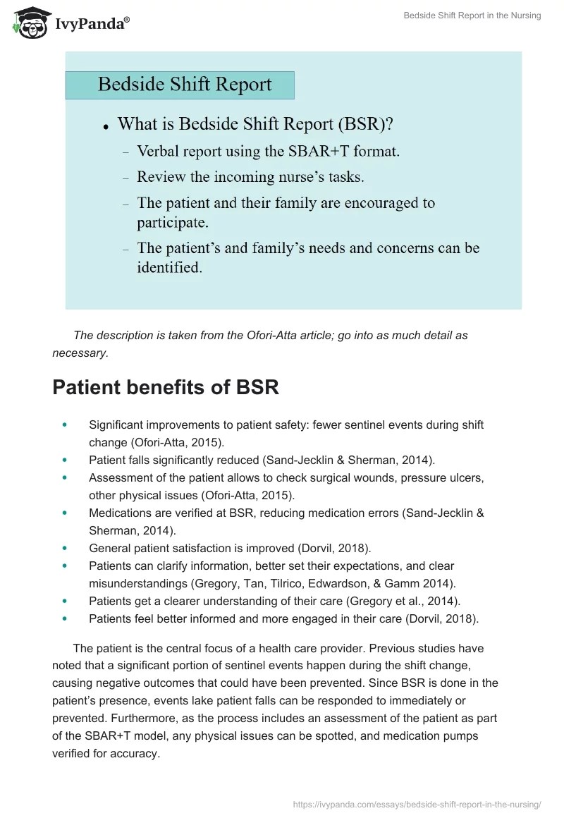 Bedside Shift Report in the Nursing 1858 Words Presentation Example