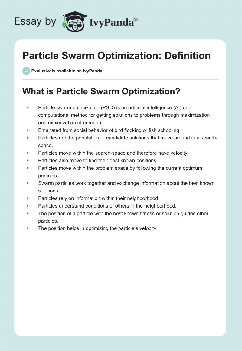Particle Swarm Optimization Definition 349 Words Presentation Example