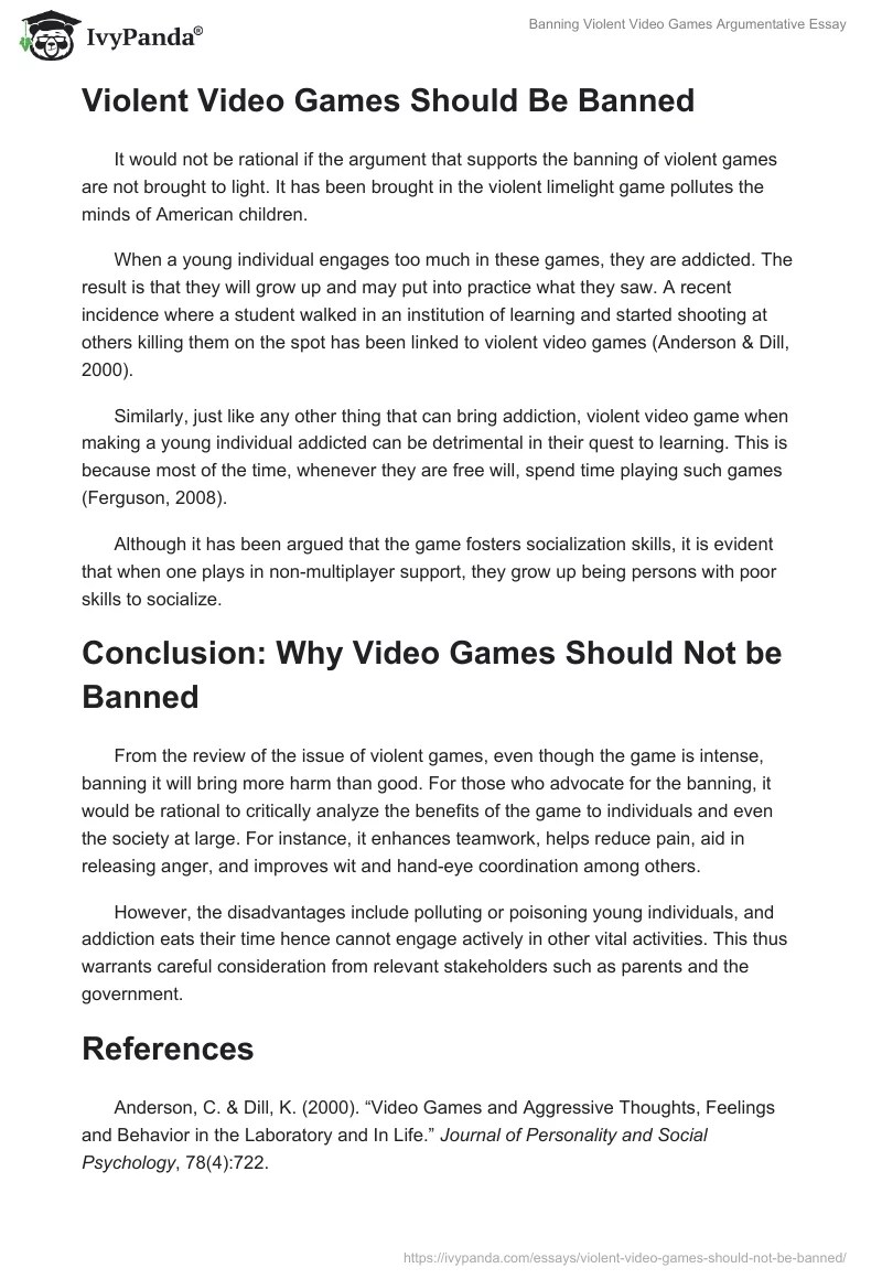 Why Violent Video Games Should Not Be Banned Essay Example