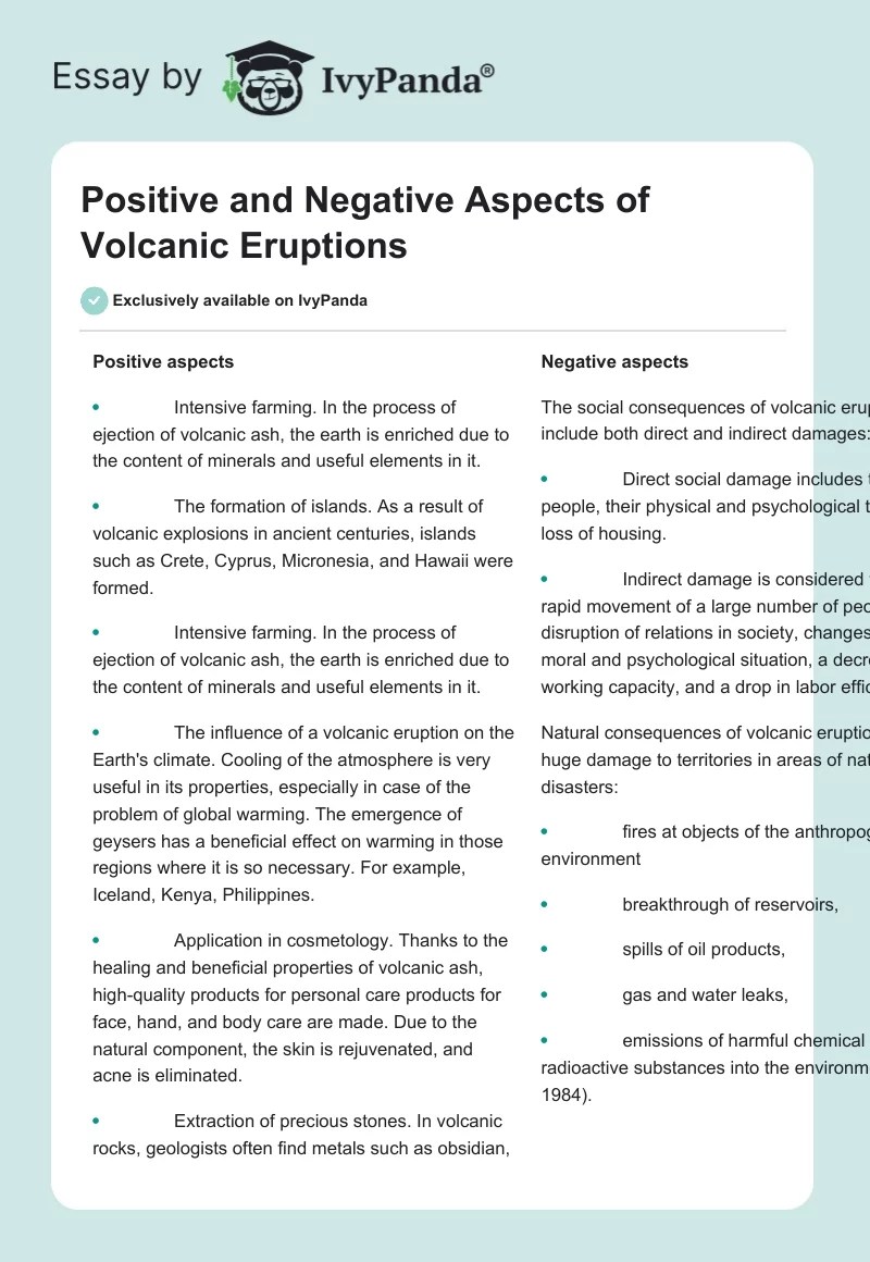 Positive and Negative Aspects of Volcanic Eruptions 316 Words