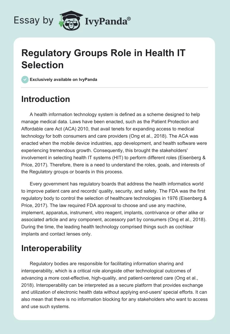 Regulatory Groups Role in Health IT Selection 656 Words Essay Example