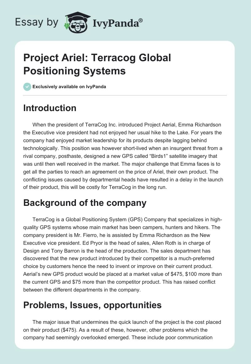 Project Ariel Terracog Global Positioning Systems 683 Words