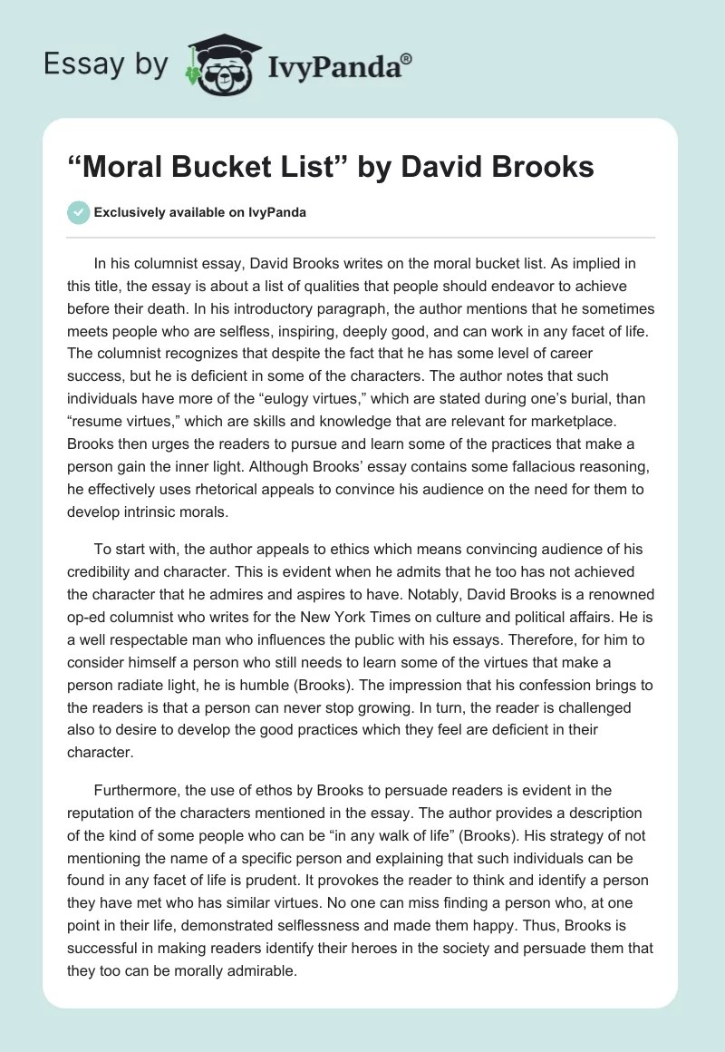 "Moral Bucket List" by David Brooks 1234 Words Critical Writing Example