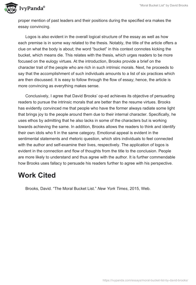 "Moral Bucket List" by David Brooks 1234 Words Critical Writing Example