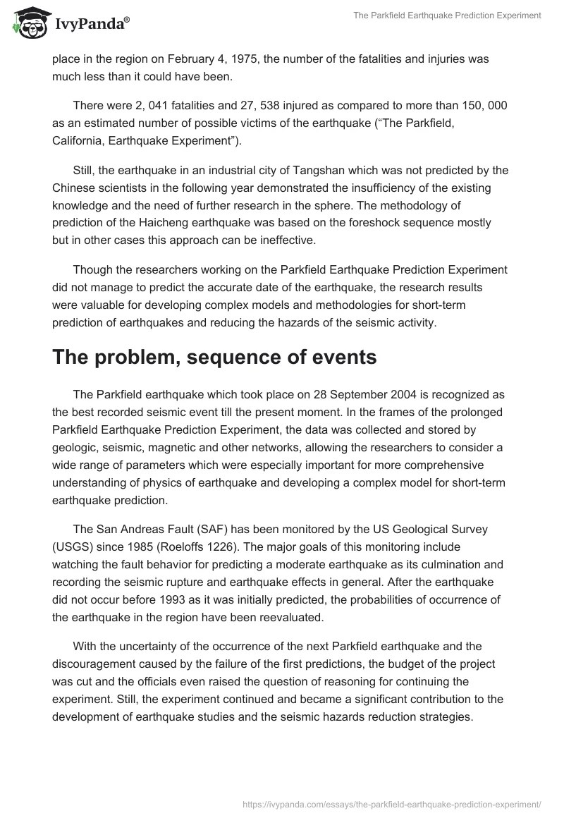 The Parkfield Earthquake Prediction Experiment 2725 Words Term