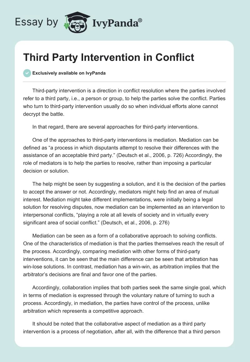 Third Party Intervention in Conflict 532 Words Coursework Example