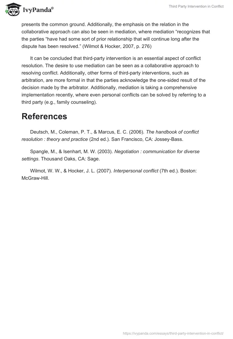 Third Party Intervention in Conflict 532 Words Coursework Example