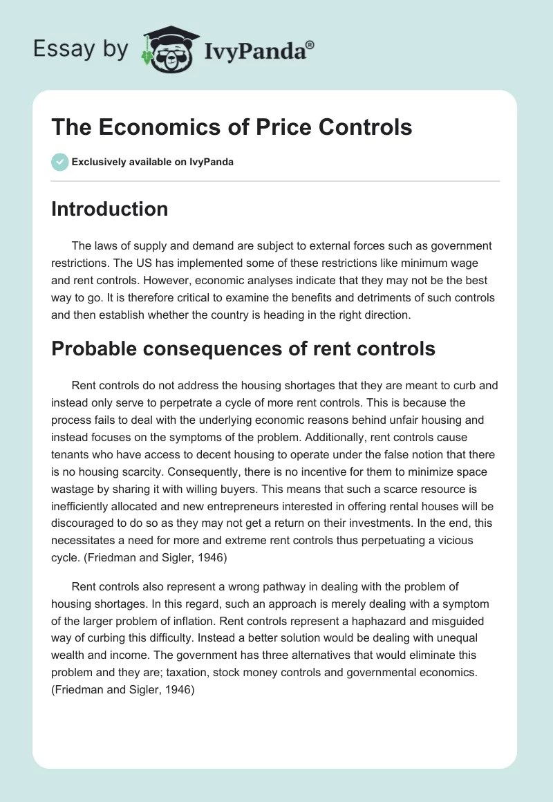 The Economics of Price Controls 1277 Words Coursework Example