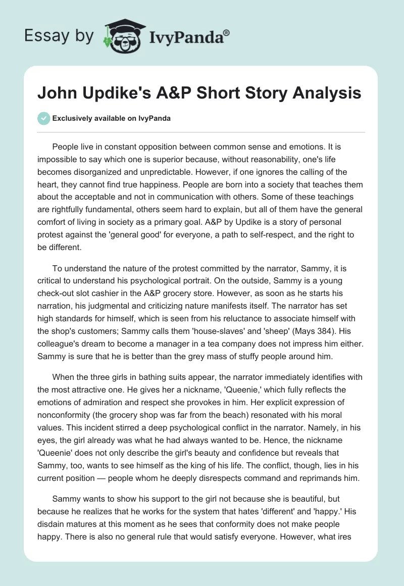 John Updike's "A&P" Short Story Analysis 563 Words Essay Example
