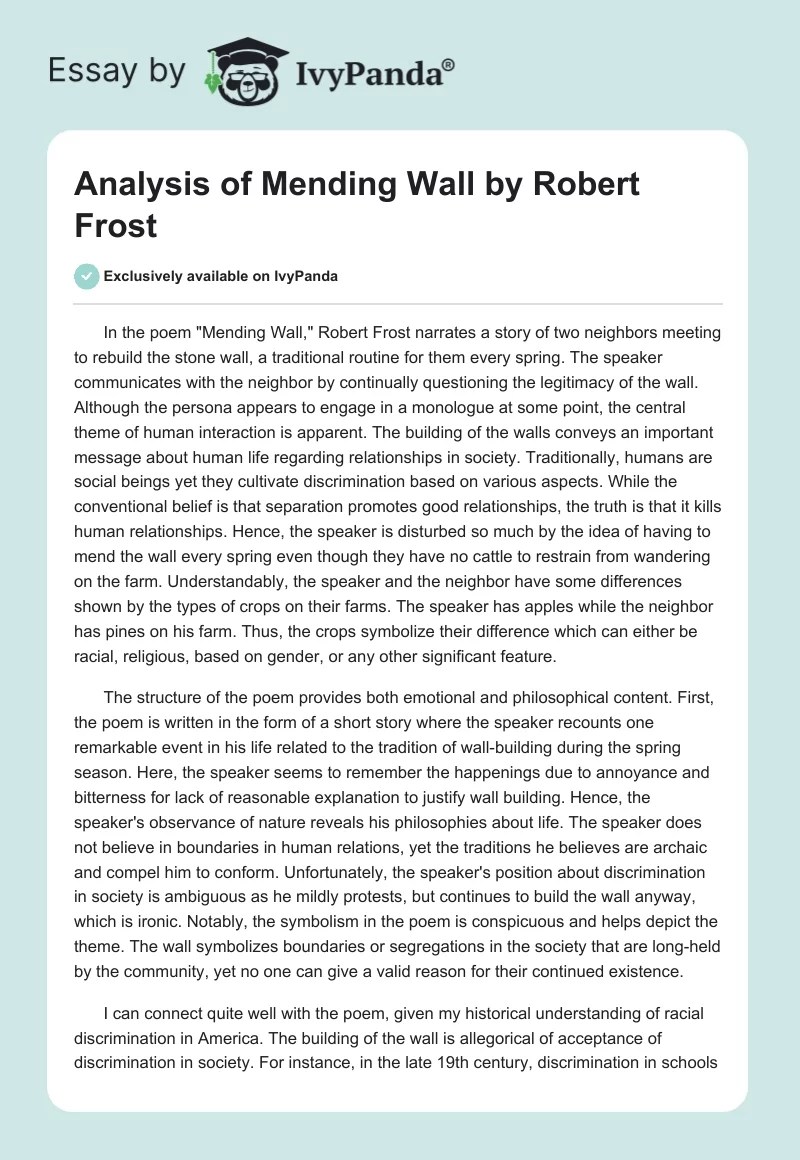 Analysis of "Mending Wall "by Robert Frost 493 Words Essay Example